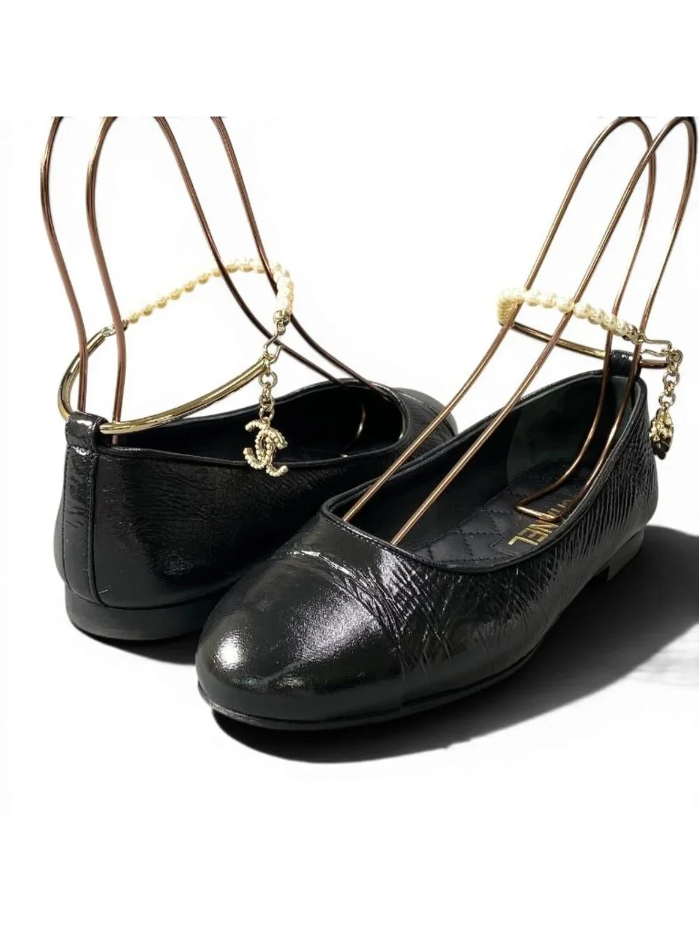 Chanel Ballerina Pearl Anklet CC Logo Flat Pumps 36 Black